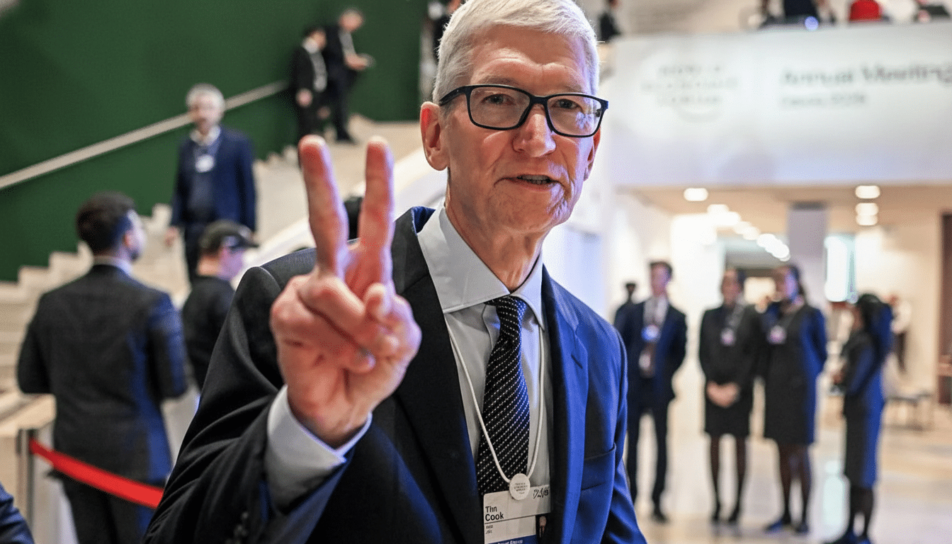 Tim Cook, CEO of Apple, making a peace sign gesture while wearing a suit and glasses, with a blurred background of a professional event.