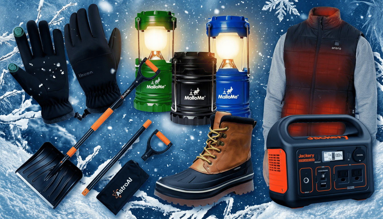 A collection of winter gear including gloves, shovels, lanterns, a boot, a heated vest, and a portable power station, all set against a snowy, icy background.
