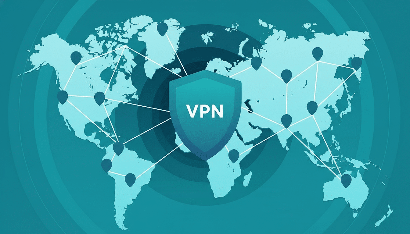 A 16:9 aspect ratio image showing a VPN shield icon over a world map with connected nodes, set against a professional flat design background with soft patterns.