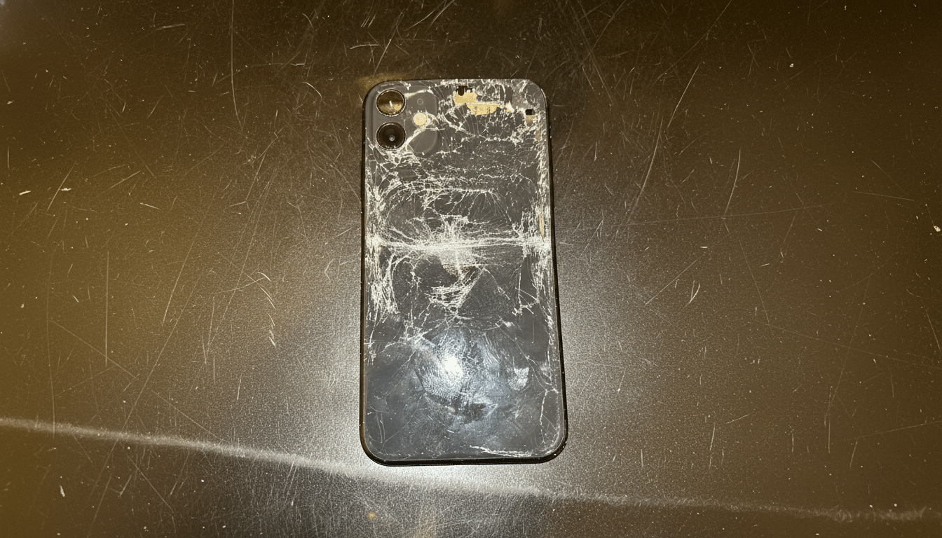 A severely cracked black smartphone with visible internal components at the top, lying on a dark, scratched surface.