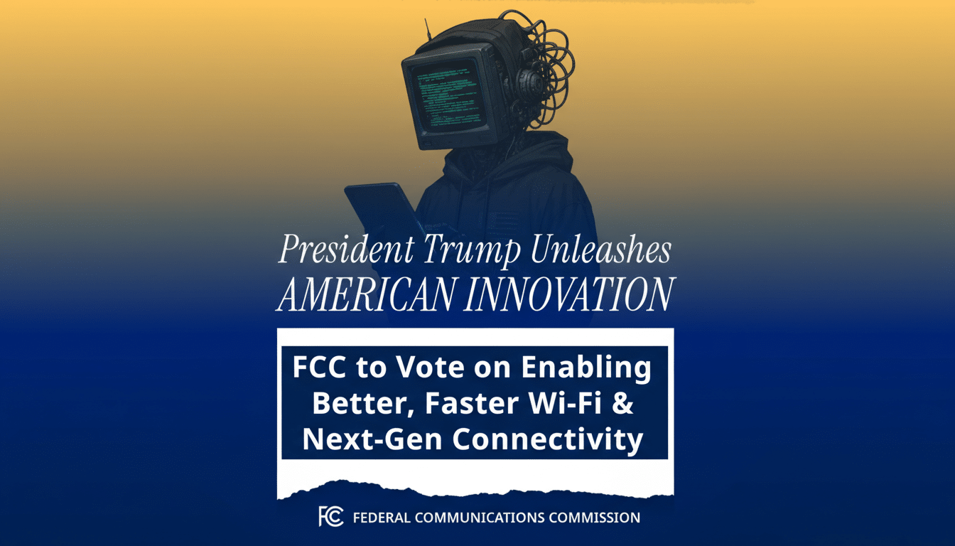 A 16:9 aspect ratio image featuring a robot with a monitor for a head, holding a tablet. The text reads President Trump Unleashes AMERICAN INNOVATION and FCC to Vote on Enabling Better, Faster Wi-Fi & Next-Gen Connectivity. The background is a gradient from orange to blue, with the FCC logo at the bottom.