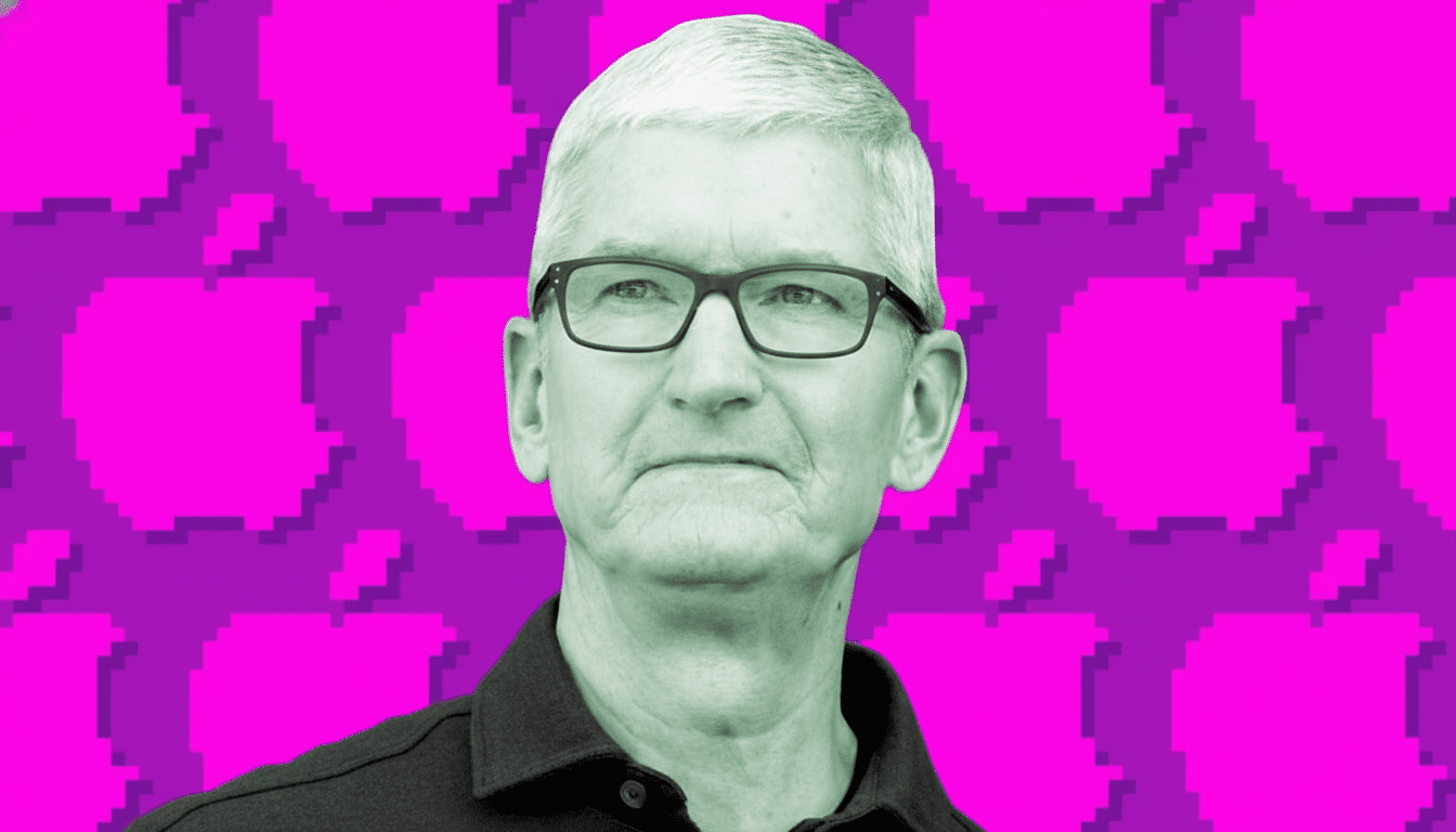 A professional headshot of Tim Cook, resized to a 16:9 aspect ratio, maintaining the original background.