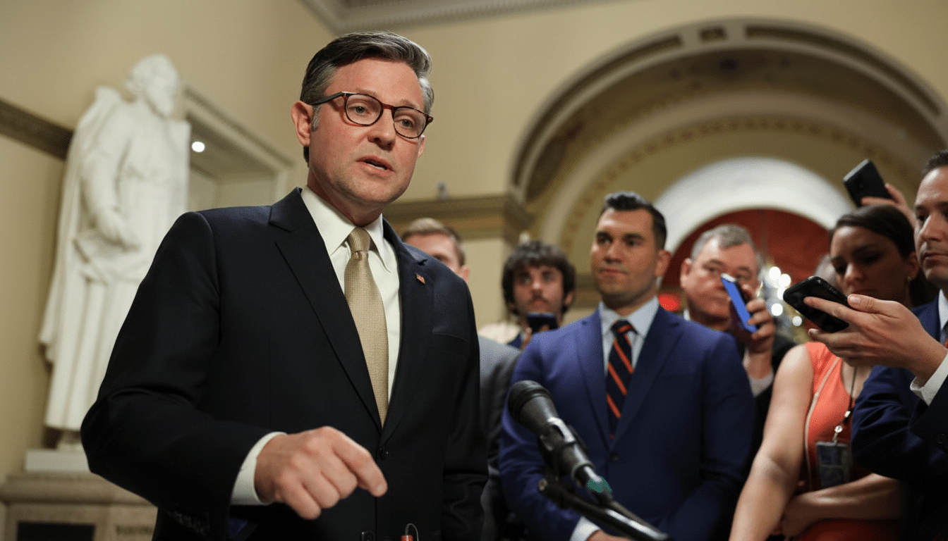 A man in a suit and glasses speaks into a microphone, surrounded by other people, with a statue and arched ceiling in the background.