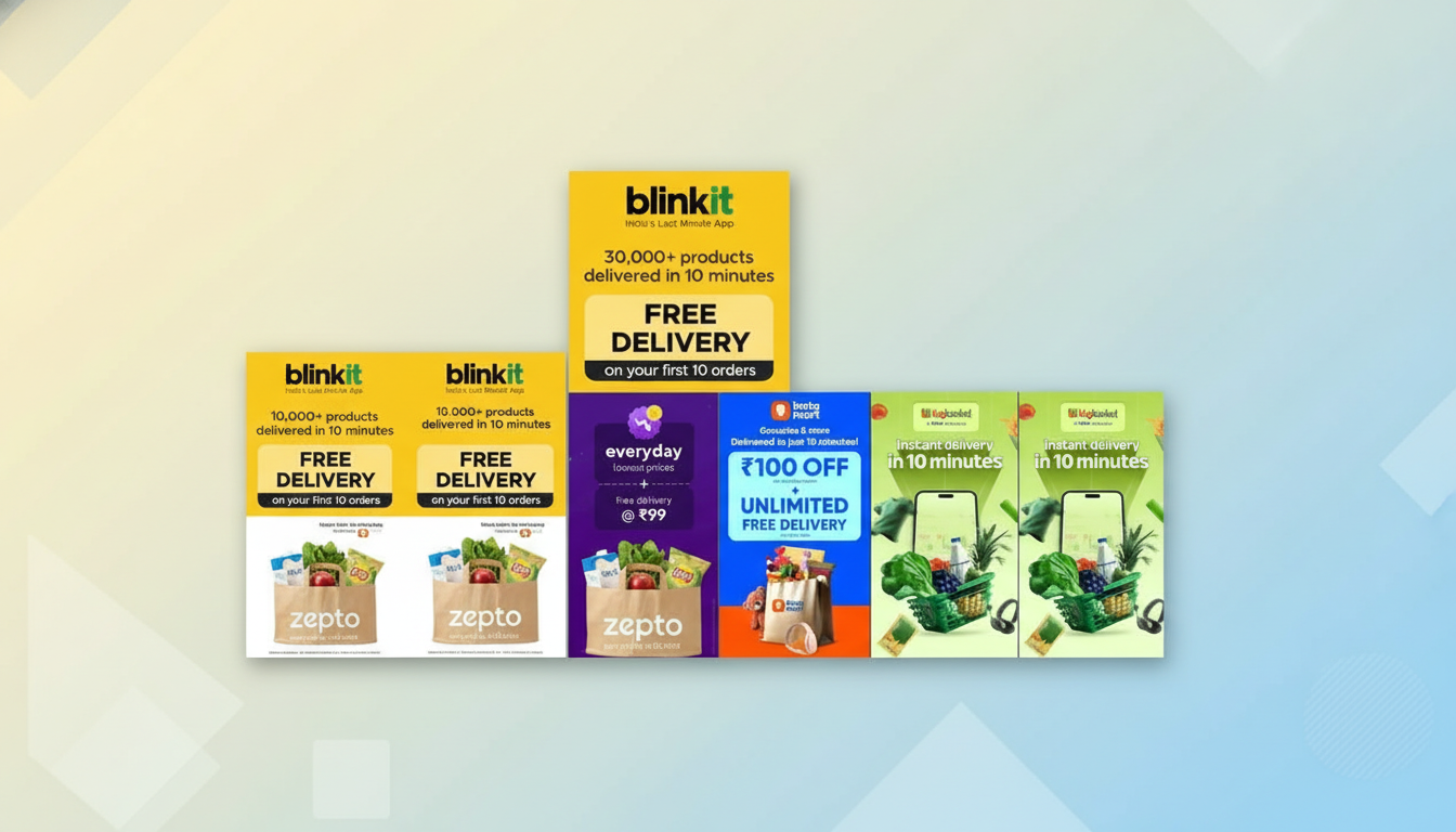 A professional, enhanced image with a 16:9 aspect ratio, featuring various grocery delivery app advertisements. The original content of the ads remains unchanged, presented against a clean, professional flat design background with soft gradients.