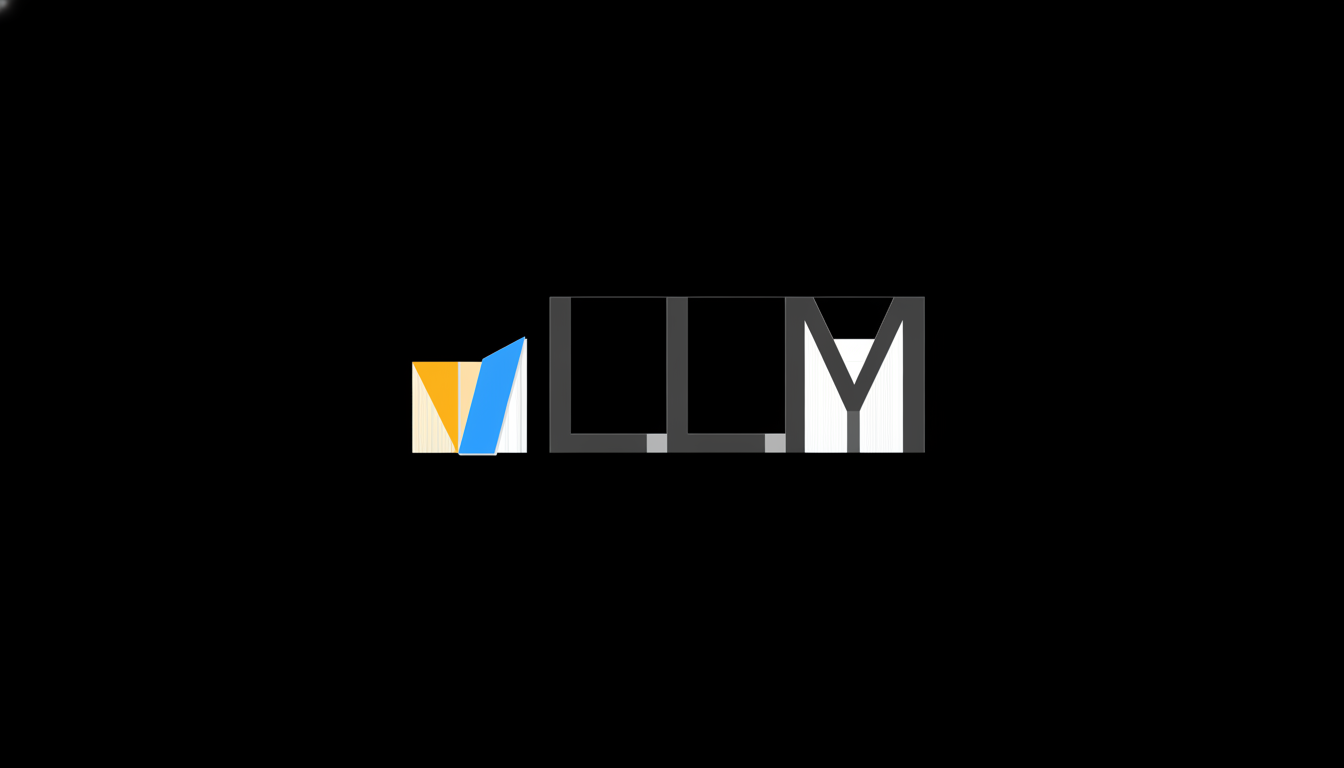 The letters LLM in a dark gray font with a white outline, next to a stylized V logo in orange and blue, all centered on a black background.