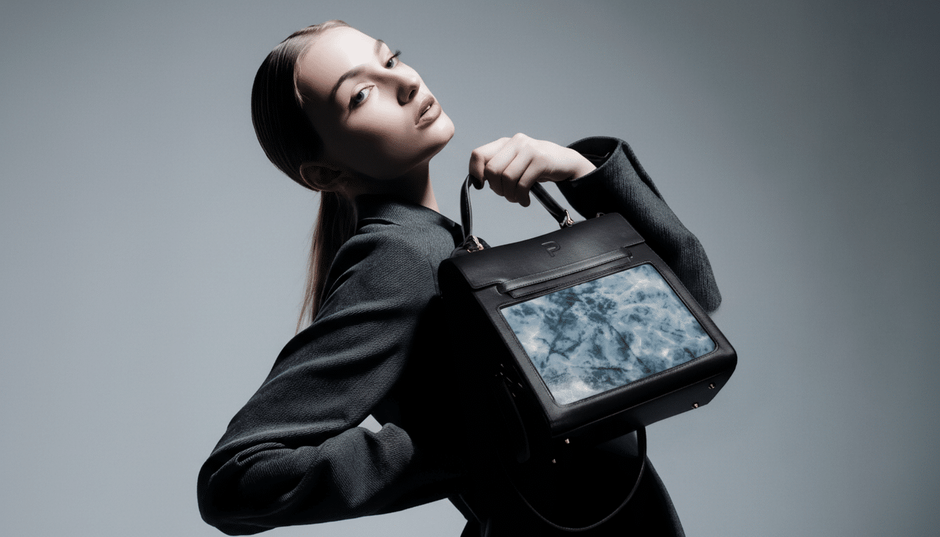 A woman in a dark suit holding a black handbag with a marbled blue panel, looking up and to the right.