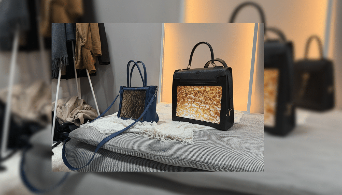 Two stylish handbags, one blue and one black, featuring illuminated panels with a golden, textured design, displayed on a textured gray surface with a white throw.