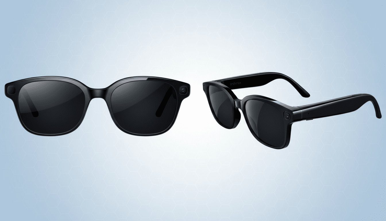 A pair of black smart glasses from Infinix, shown in two different angles, on a light blue background with a subtle hexagonal pattern.