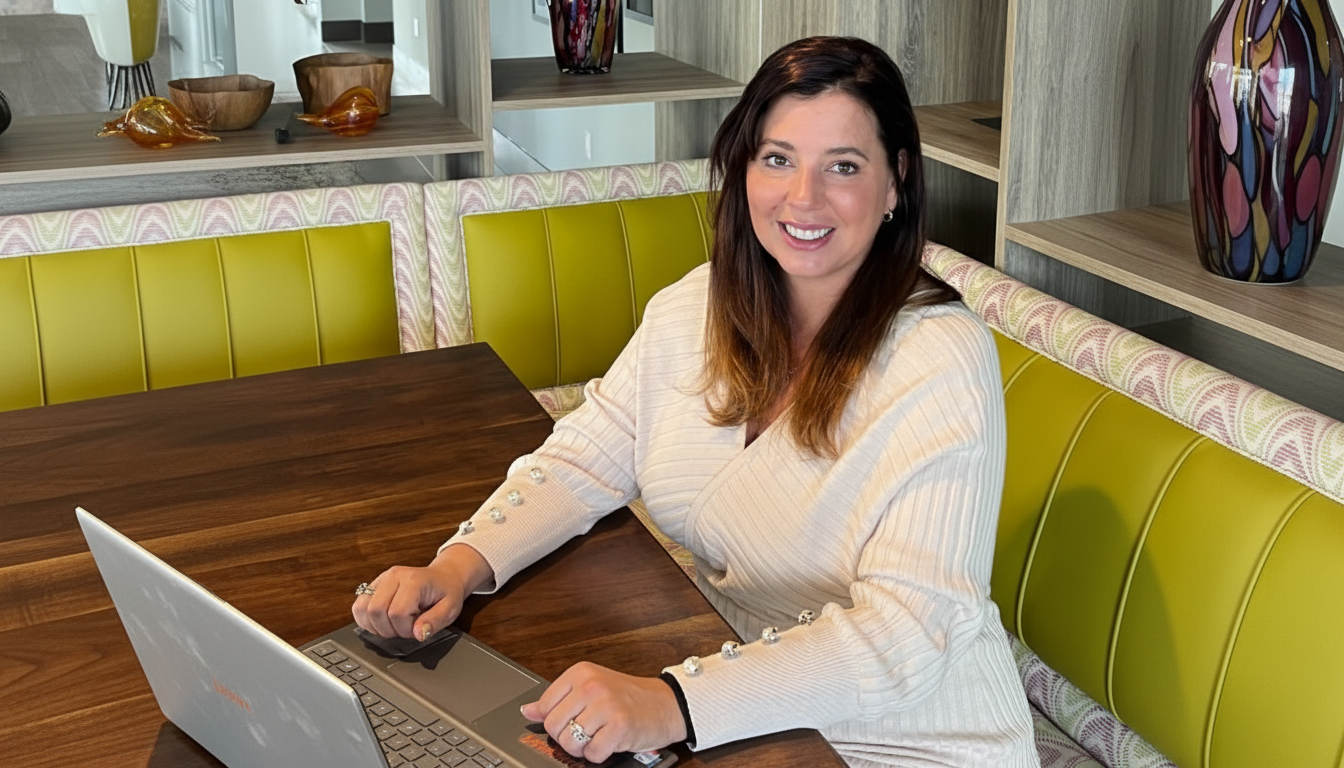 A woman with long brown hair, wearing a light-colored sweater with pearl buttons, sits at a wooden table with a laptop in front of her. She is smiling at the camera, with a background of green and patterned booth seating and shelves with decorative items.