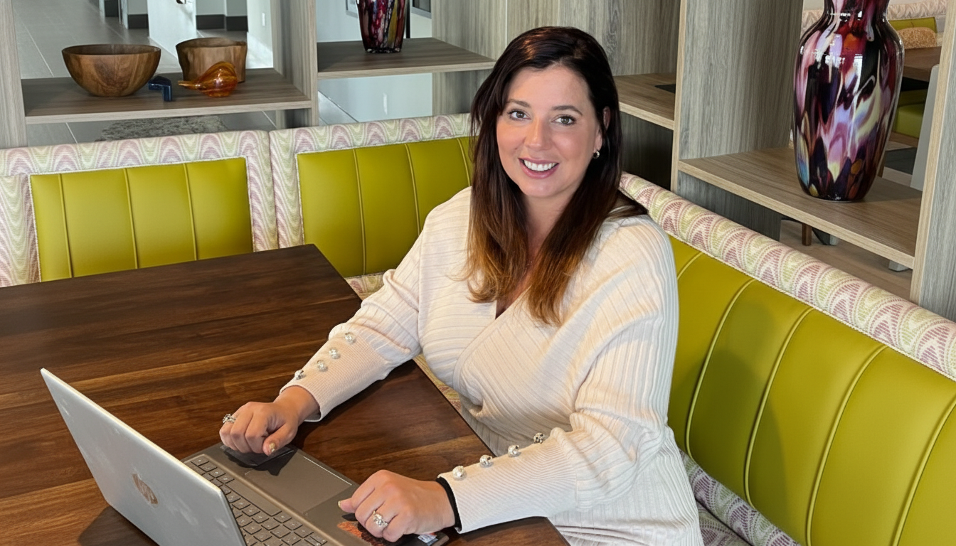 A woman with long brown hair, wearing a light-colored sweater, sitting at a wooden table with a laptop, smiling at the camera.