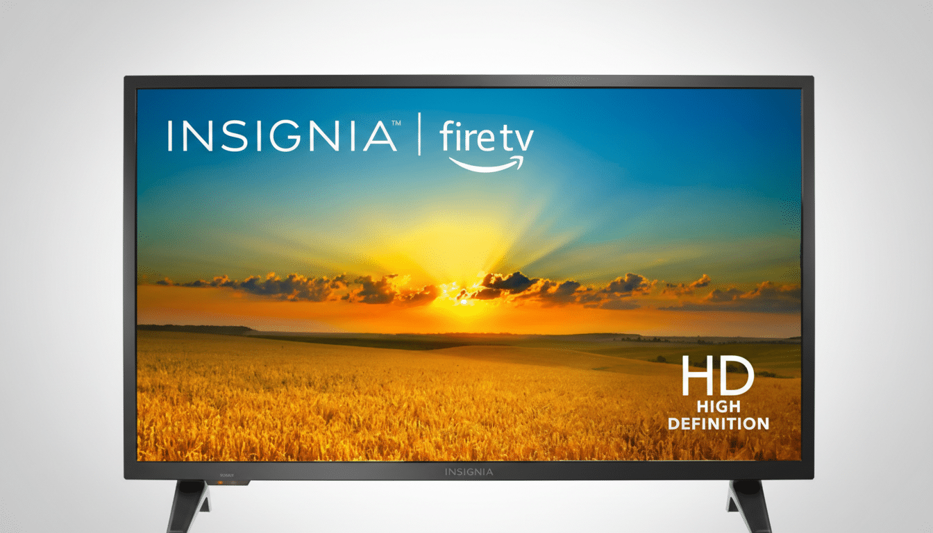 A 16:9 aspect ratio image of an Insignia Fire TV with a sunset over a field displayed on its screen, set against a professional flat gray background with a subtle gradient.