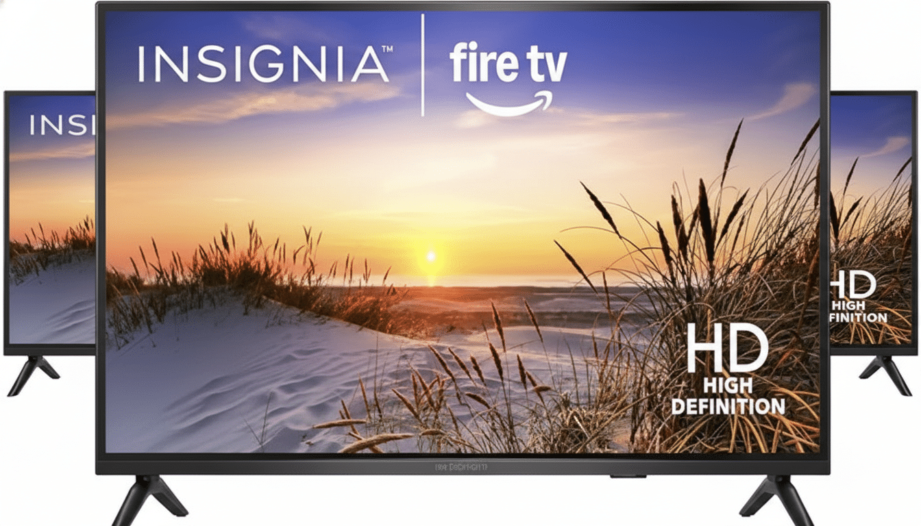 A black Insignia Fire TV with a sunset beach scene on the screen, resized to a 16:9 aspect ratio and professionally enhanced.