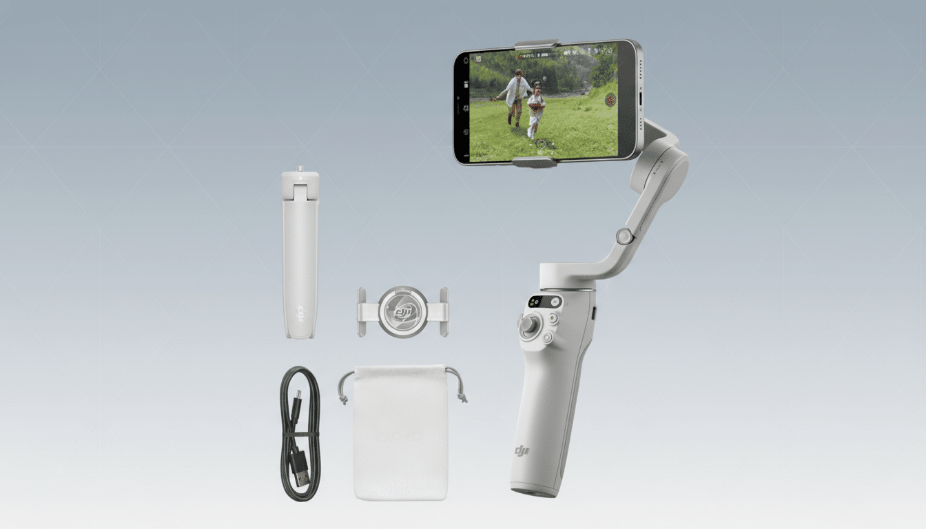 A white DJI Osmo Mobile 6 smartphone gimbal with a phone attached, displaying a video of two people running in a field. The gimbal is shown with its accessories: a tripod extension, a magnetic phone clamp, a charging cable, and a carrying pouch, all arranged on a professional flat gray background with subtle geometric patterns.