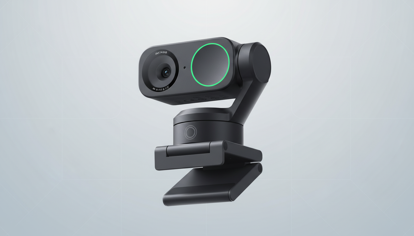 A professional, enhanced image of an Insta360 Link webcam, resized to a 16:9 aspect ratio, set against a clean, light gray background with subtle geometric patterns.