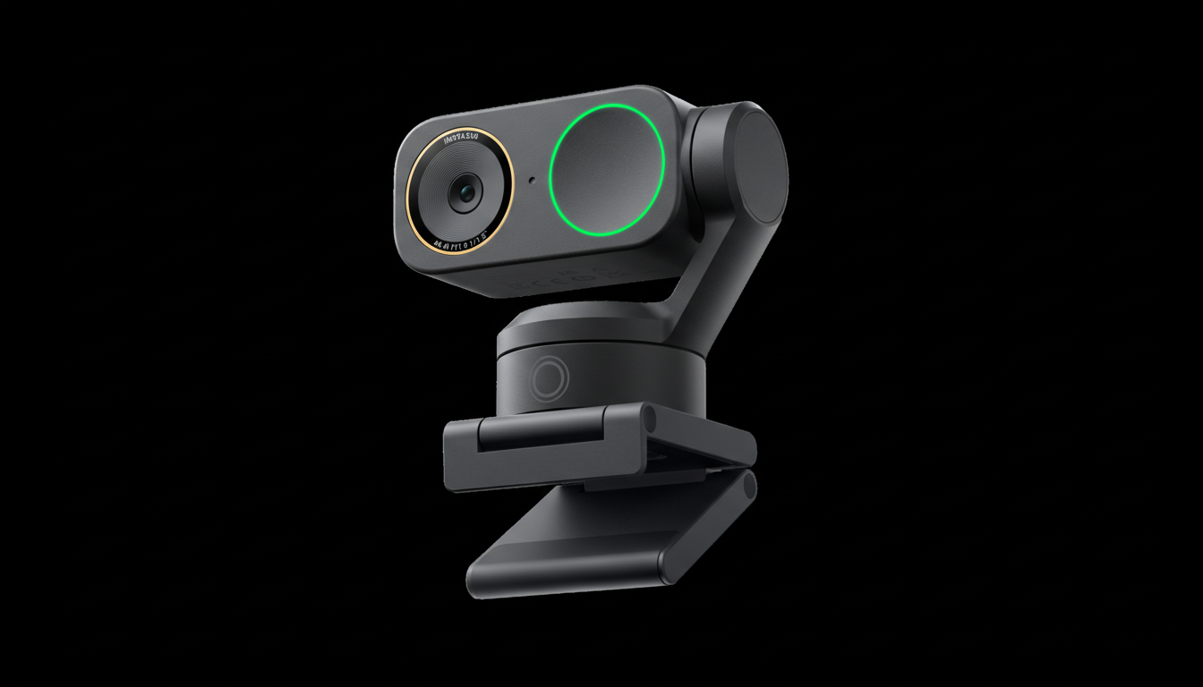 A black Insta360 Link webcam with a green light ring, set against a black background.