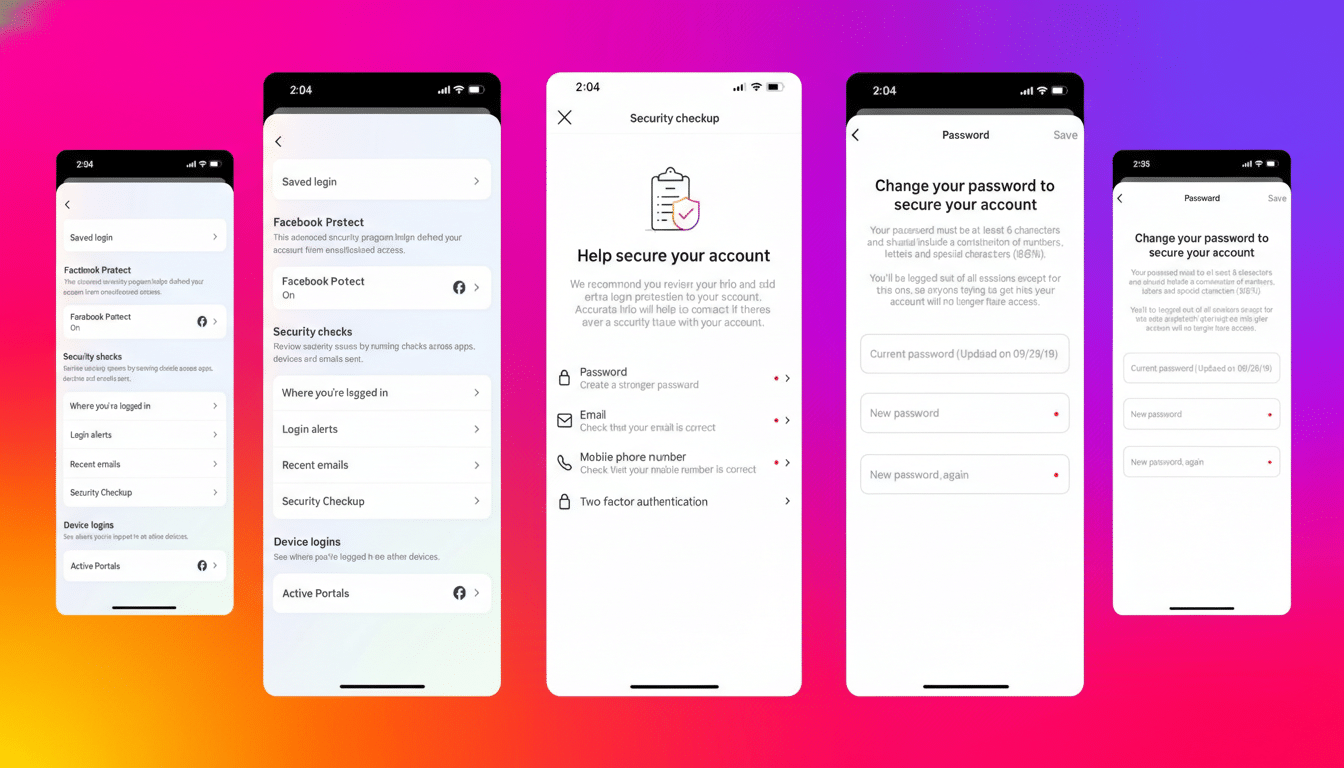 A 16:9 aspect ratio image showing three mobile phone screens displaying Facebooks security settings, security checkup, and password change interfaces.
