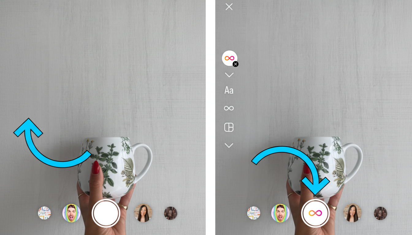 A 16:9 aspect ratio image showing two screenshots of an Instagram story interface. On the left, a hand holds a white mug with a green leaf pattern, and a blue arrow points to the left. On the right, the hand holds the same mug, and a blue arrow points downwards.