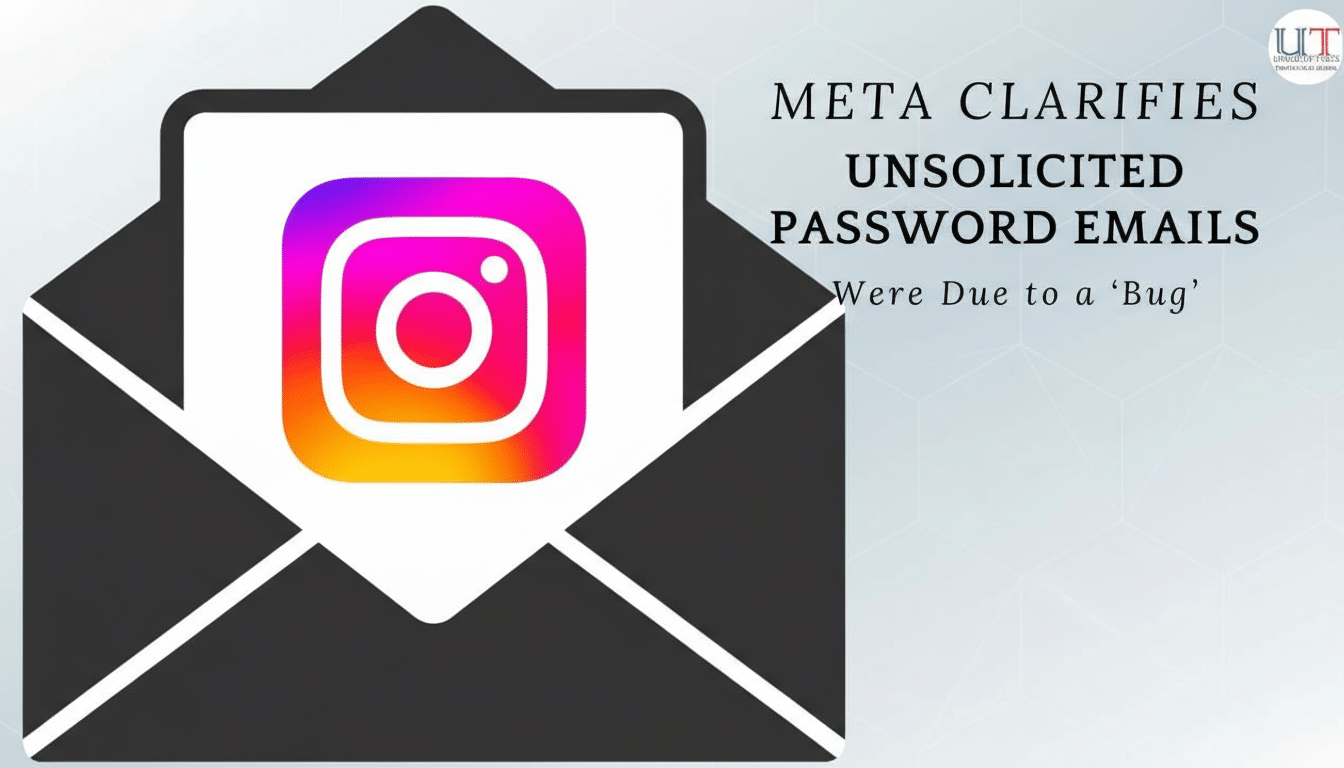 An image with a 16:9 aspect ratio showing a black envelope with a white letter inside, featuring the Instagram logo. To the right, text reads META CLARIFIES UNSOLICITED PASSWORD EMAILS Were Due to a Bug. The background is a professional flat design with soft patterns.