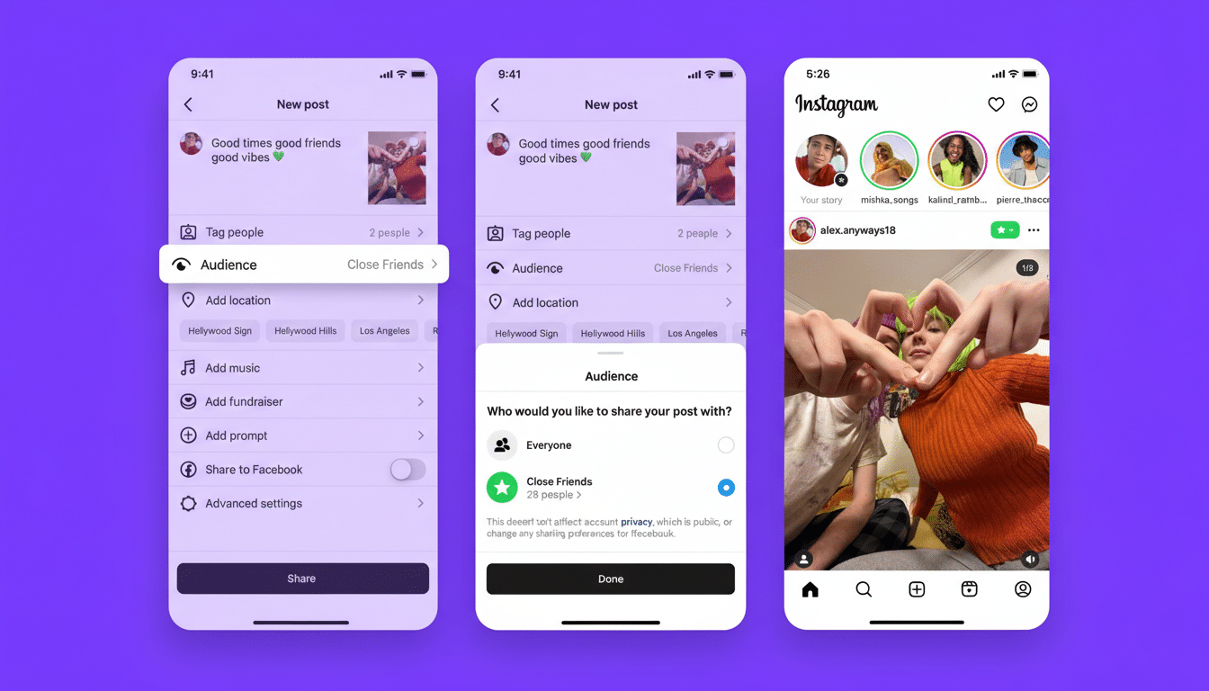 A 16:9 aspect ratio image showing three mobile phone screens displaying Instagrams new post interface and a feed.