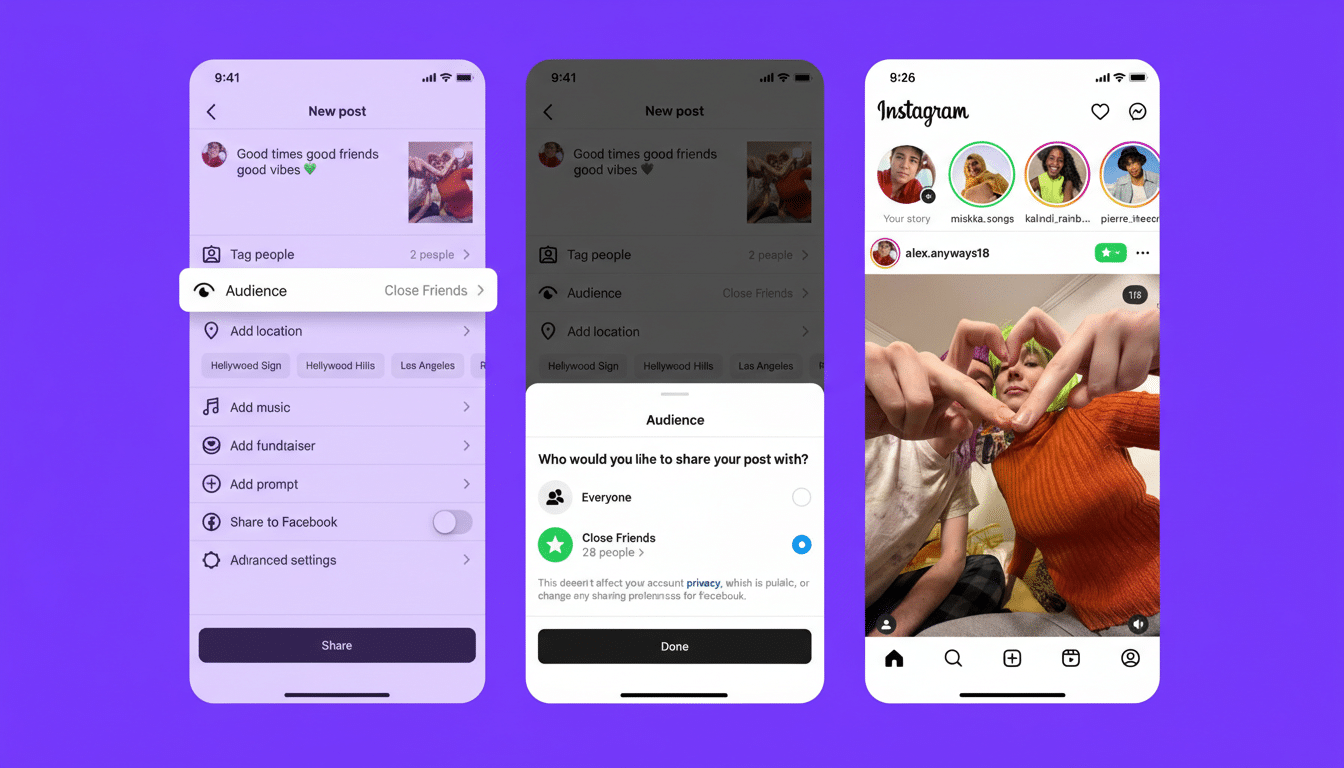 A 16:9 aspect ratio image showing three Instagram mobile app screens. The first screen is for creating a new post, the second shows audience selection options, and the third displays an Instagram feed with a story and a post.