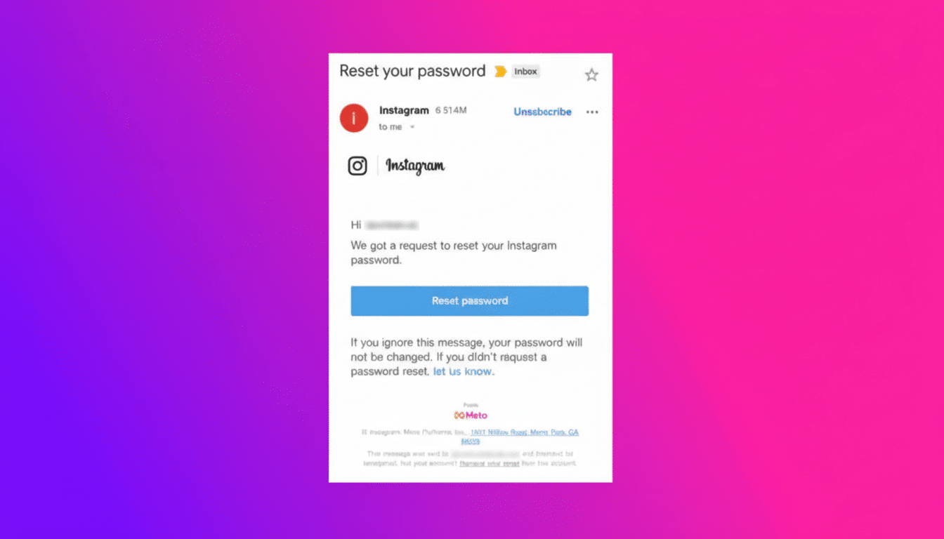 A screenshot of an Instagram password reset email displayed on a vibrant purple and pink gradient background.