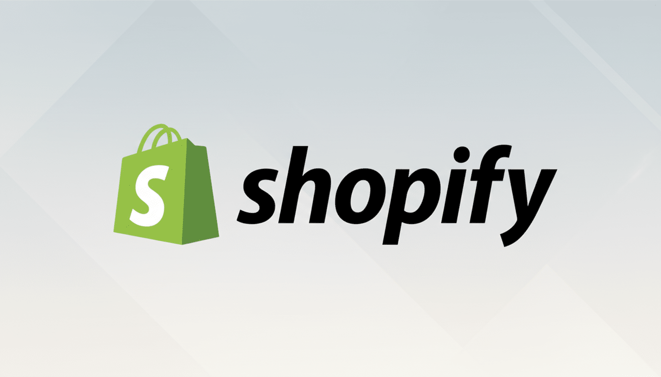 The Shopify logo, featuring a green shopping bag icon with a white S on the left and the word shopify in black lowercase letters on the right, presented on a professional flat design background with soft gray gradients and subtle geometric patterns.