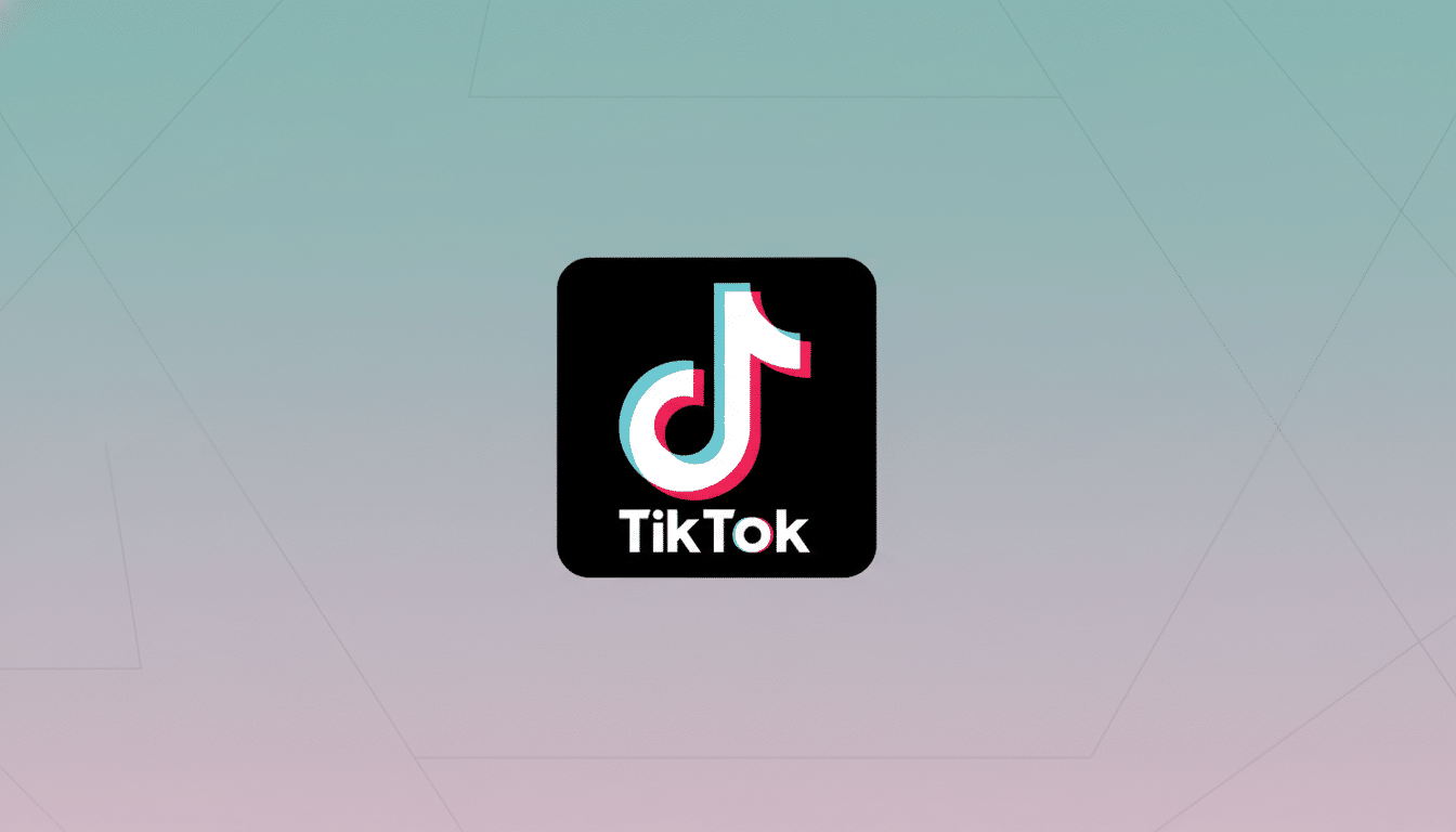 The TikTok logo, a white musical note with blue and red accents, centered on a black square with rounded corners. The background is a professional flat design with a soft gradient from light blue to pink, featuring subtle geometric patterns.