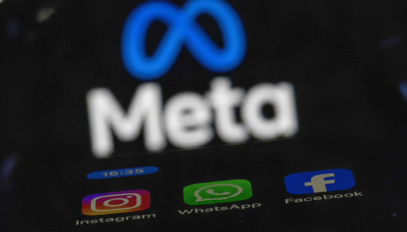 A close-up, professionally enhanced image of a smartphone screen displaying the Meta logo prominently at the top, with app icons for Instagram, WhatsApp, and Facebook visible below. The image has been resized to a 16:9 aspect ratio.