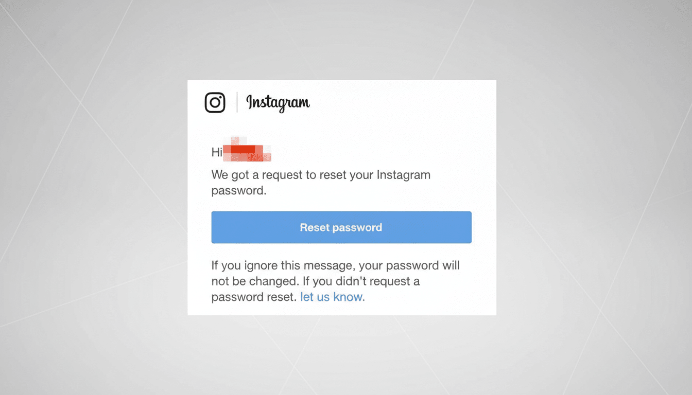 A screenshot of an Instagram password reset email, centered on a professional flat design background with soft patterns.