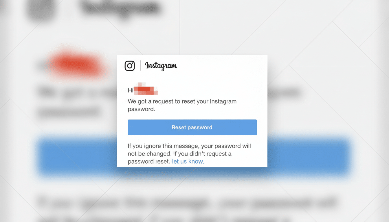 A screenshot of an Instagram password reset email, professionally enhanced and resized to a 16:9 aspect ratio. The original email content is centered on a blurred version of itself, with a subtle white geometric pattern in the background.