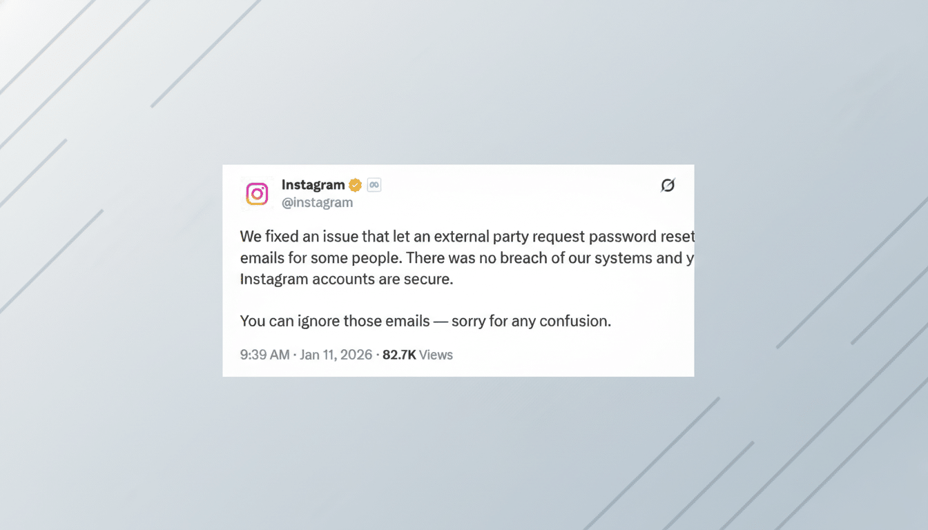 A 16:9 aspect ratio image showing an Instagram tweet on a professional flat design background with soft patterns. The tweet states, We fixed an issue that let an external party request password reset emails for some people. There was no breach of our systems and your Instagram accounts are secure. You can ignore those emails — sorry for any confusion. The tweet is dated 9:39 AM · Jan 11, 2026 · 82.7K Views.