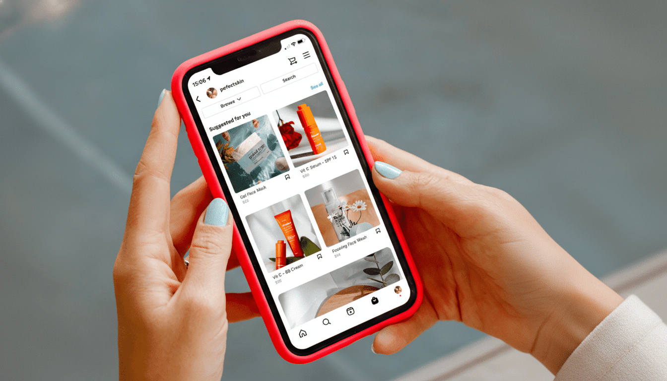 A person holding a smartphone displaying a skincare e-commerce app.