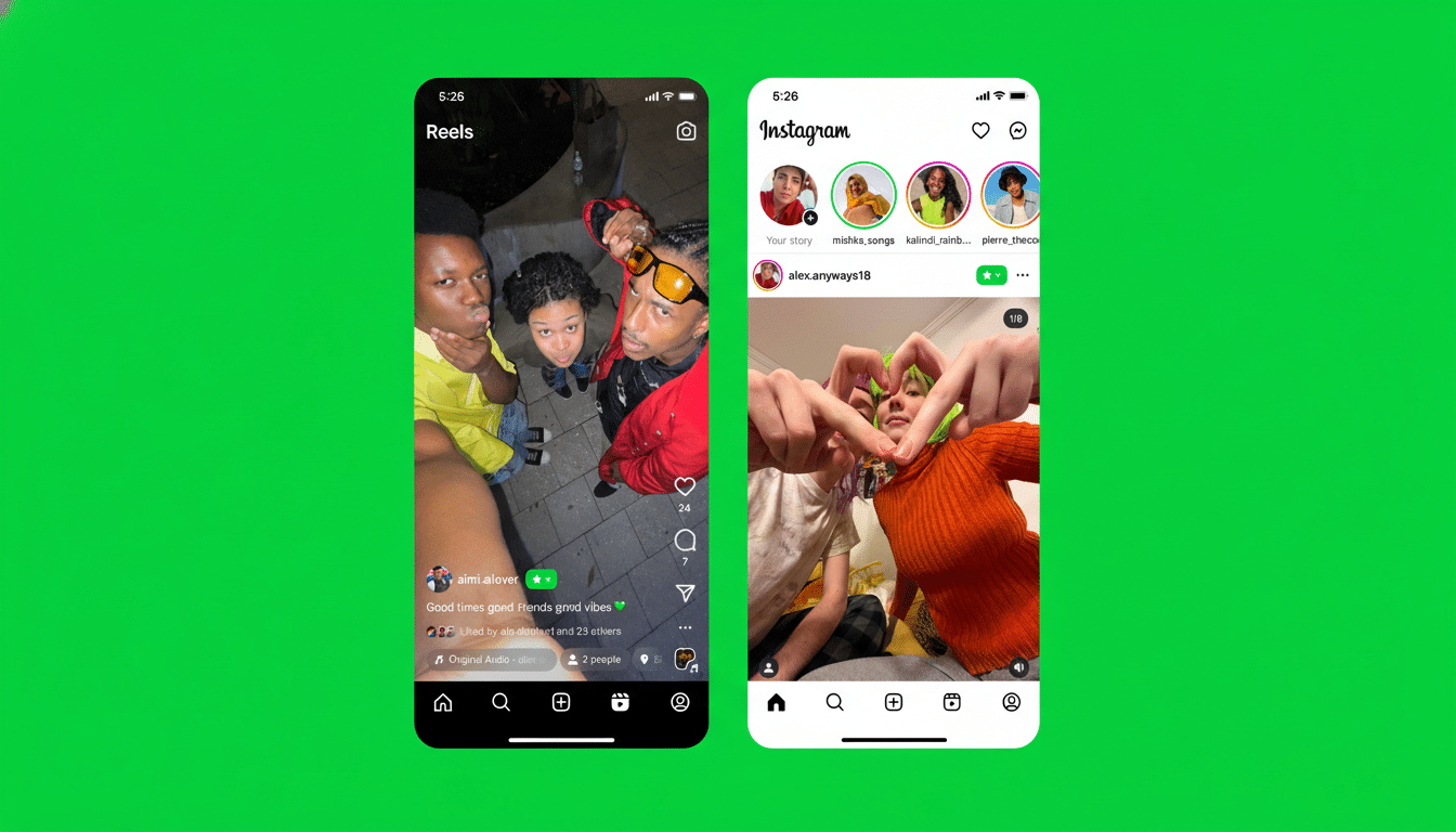 Two Instagram screens are displayed side-by-side on a green background. The left screen shows a Reels video with three young men, while the right screen shows an Instagram feed with a person making a heart shape with their hands.