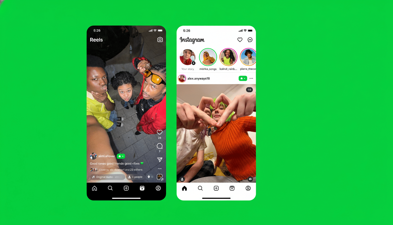 Two Instagram mobile app screens are displayed side-by-side on a green background. The left screen shows an Instagram Reels video with three young men, while the right screen shows an Instagram feed with a photo of two people making a heart shape with their hands.