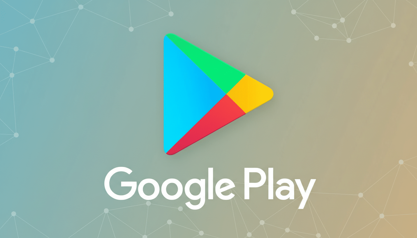 The Google Play logo and text on a professional flat design background with soft patterns and gradients.