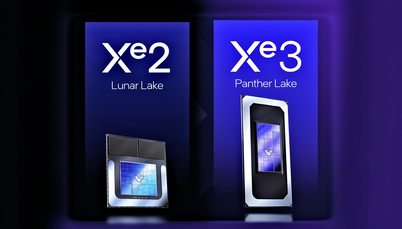 A side-by-side comparison of two Intel Xe graphics architectures, Xe2 Lunar Lake and Xe3 Panther Lake, with their respective chip designs displayed below their names.