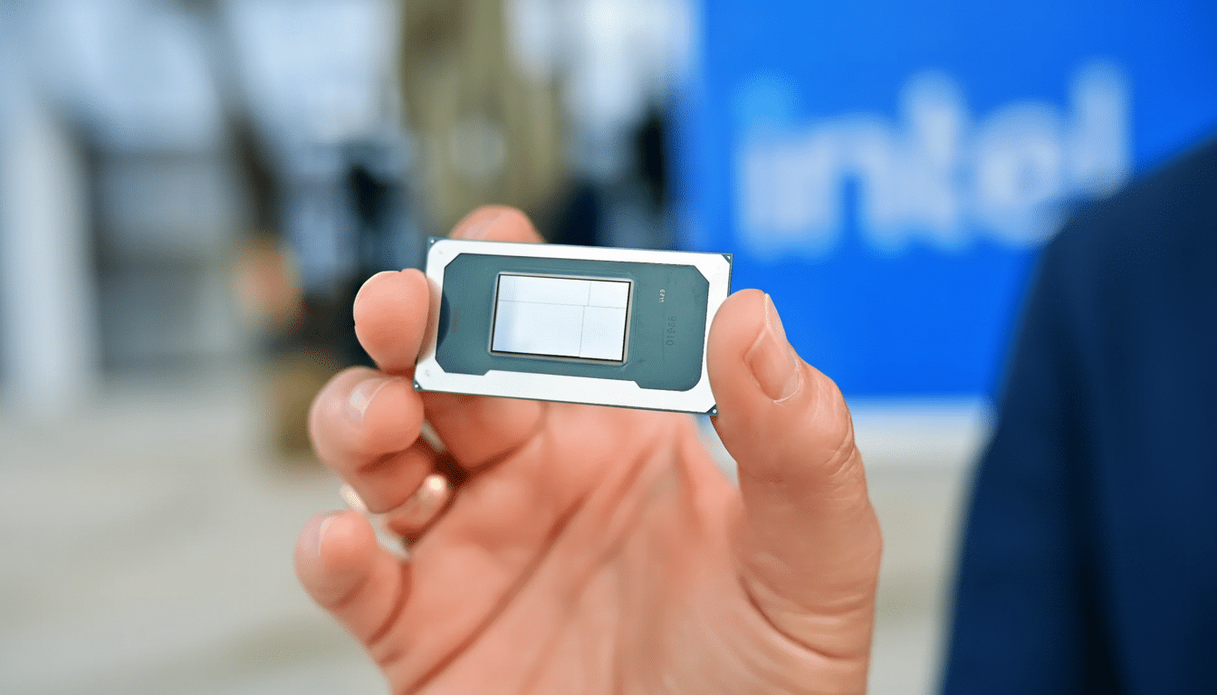 A hand holding an Intel processor chip, with the Intel logo visible in the blurred background.
