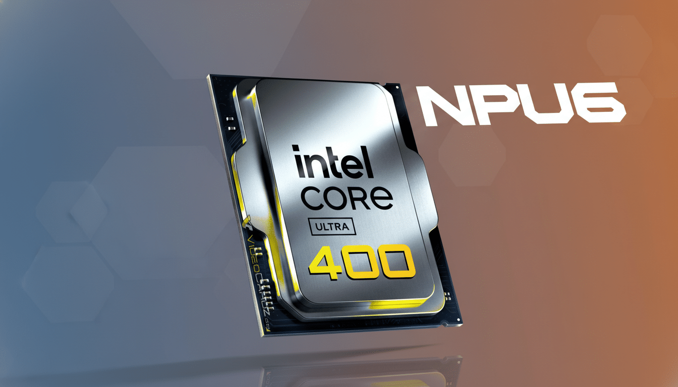 An Intel Core Ultra 400 processor chip is displayed against a professional flat design background with soft blue and orange gradients and subtle hexagonal patterns. The chip is silver with black text, and the NPU6 logo is visible in white.