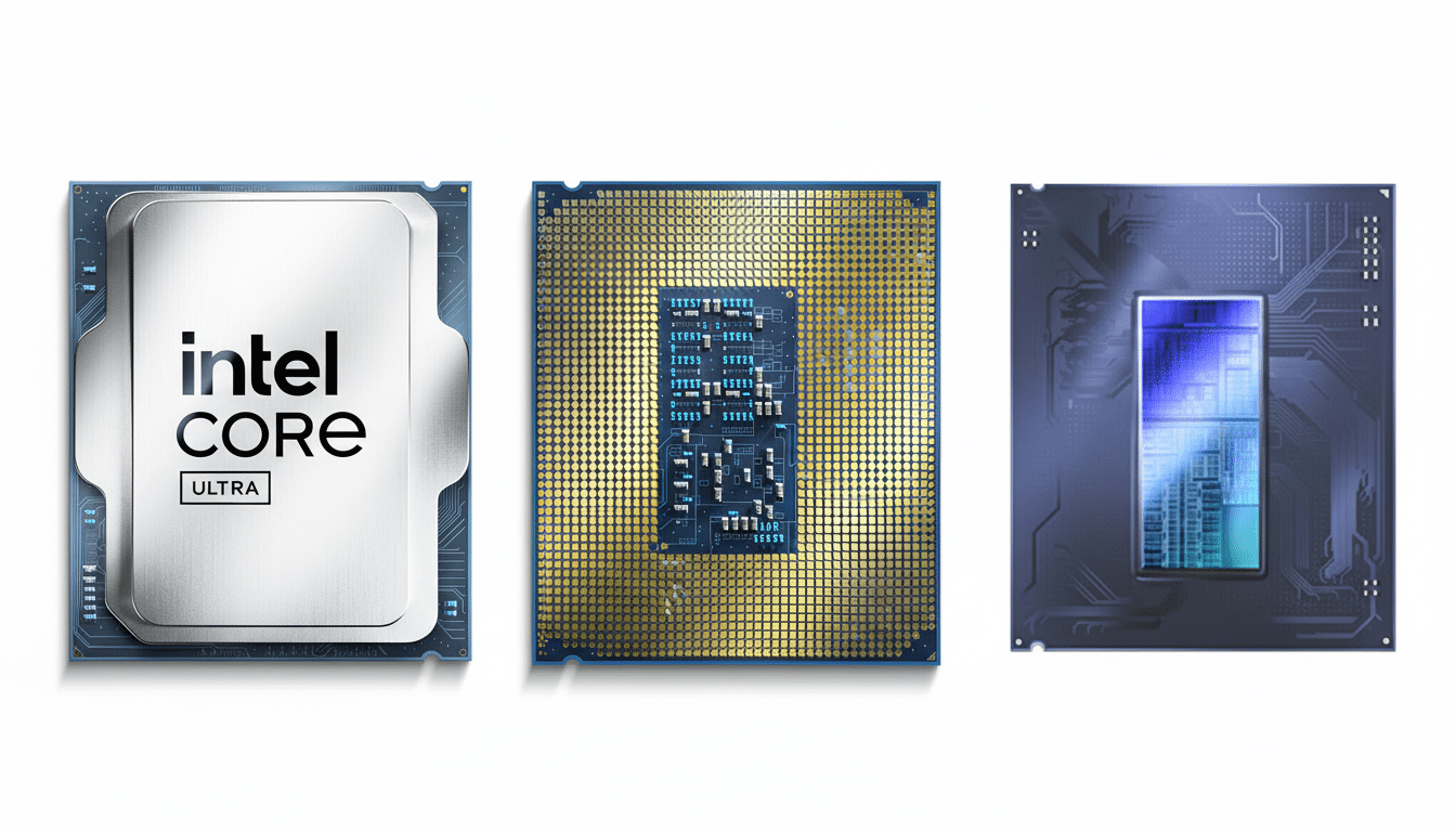 Three Intel Core Ultra processors are displayed side-by-side on a white background. The left processor shows the top with intel CORE ULTRA branding. The middle processor shows the underside with gold pins. The right processor shows an internal view of the chip architecture.