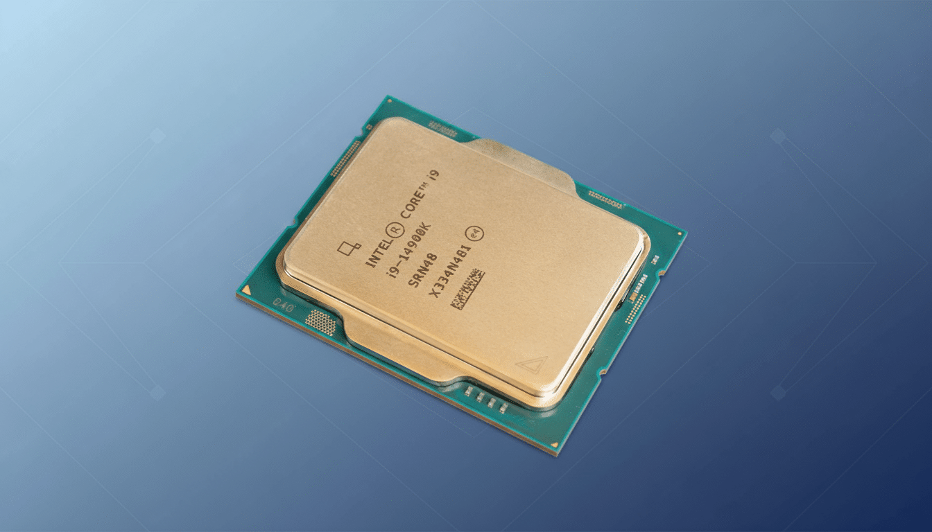 A close-up, professionally enhanced image of an Intel Core i9-14900K processor on a blue background with a subtle gradient and soft patterns, resized to a 16:9 aspect ratio.