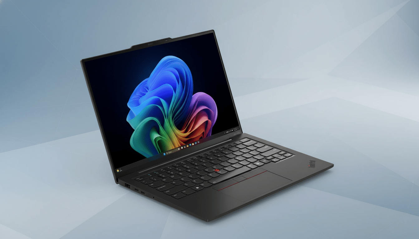 A black laptop with a colorful abstract wallpaper on its screen, set against a professional flat design background with soft blue and grey gradients and subtle geometric patterns.