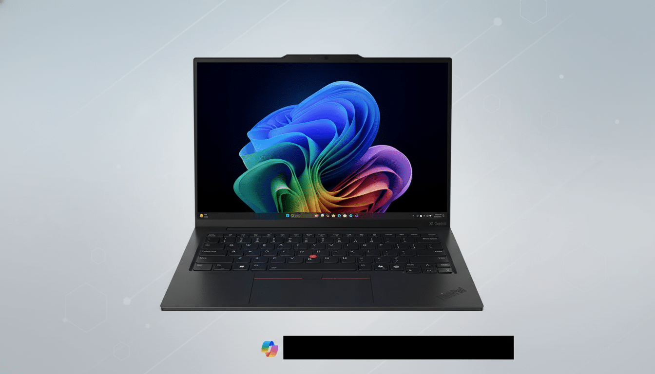 A black Lenovo ThinkPad X1 Carbon laptop with a colorful abstract wallpaper on its screen, set against a professional light gray background with subtle geometric patterns.
