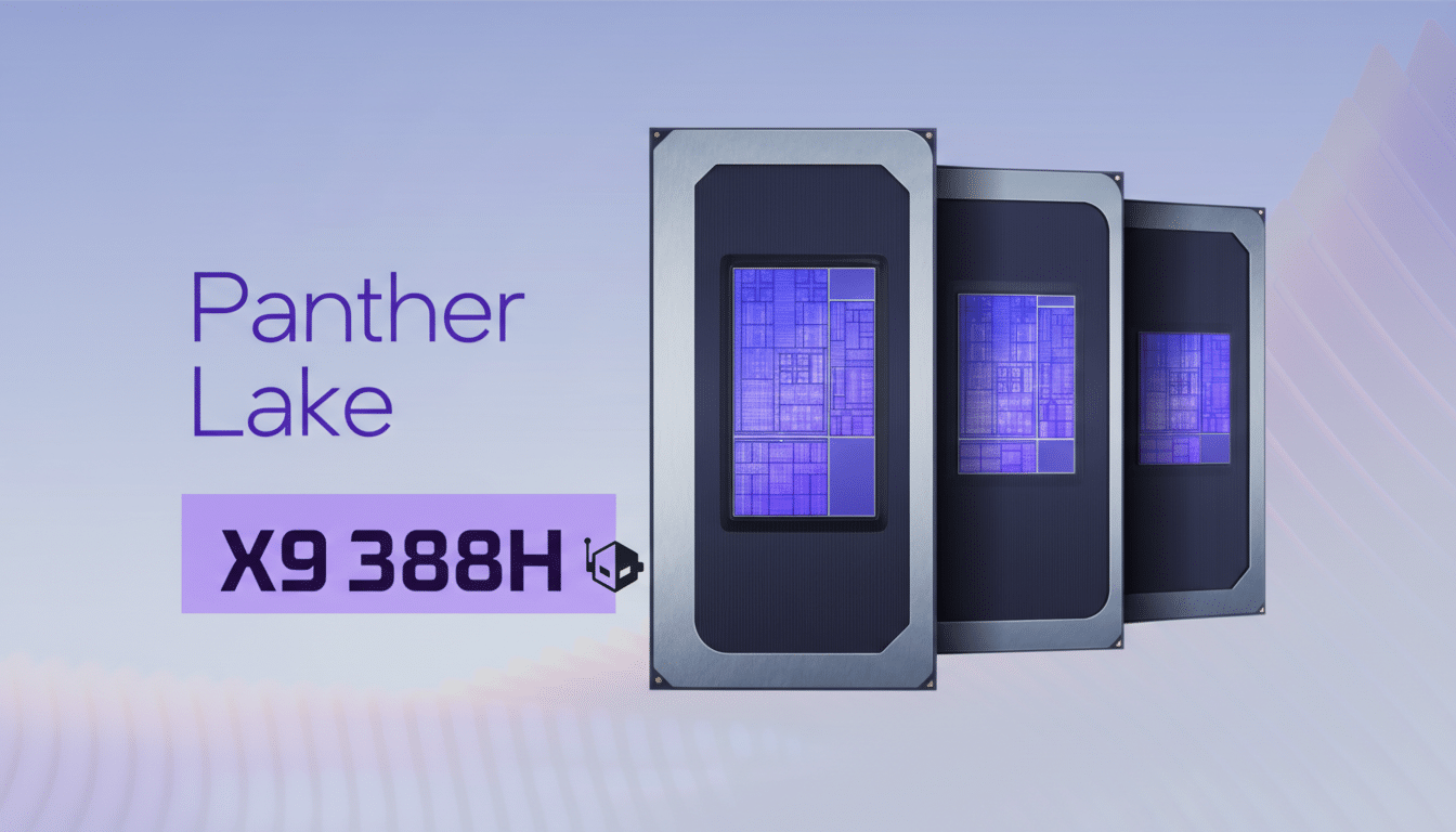 A professional image of three Panther Lake X9 388H computer chips, with the text Panther Lake and X9 388H on the left side, set against a soft, gradient background with subtle patterns.