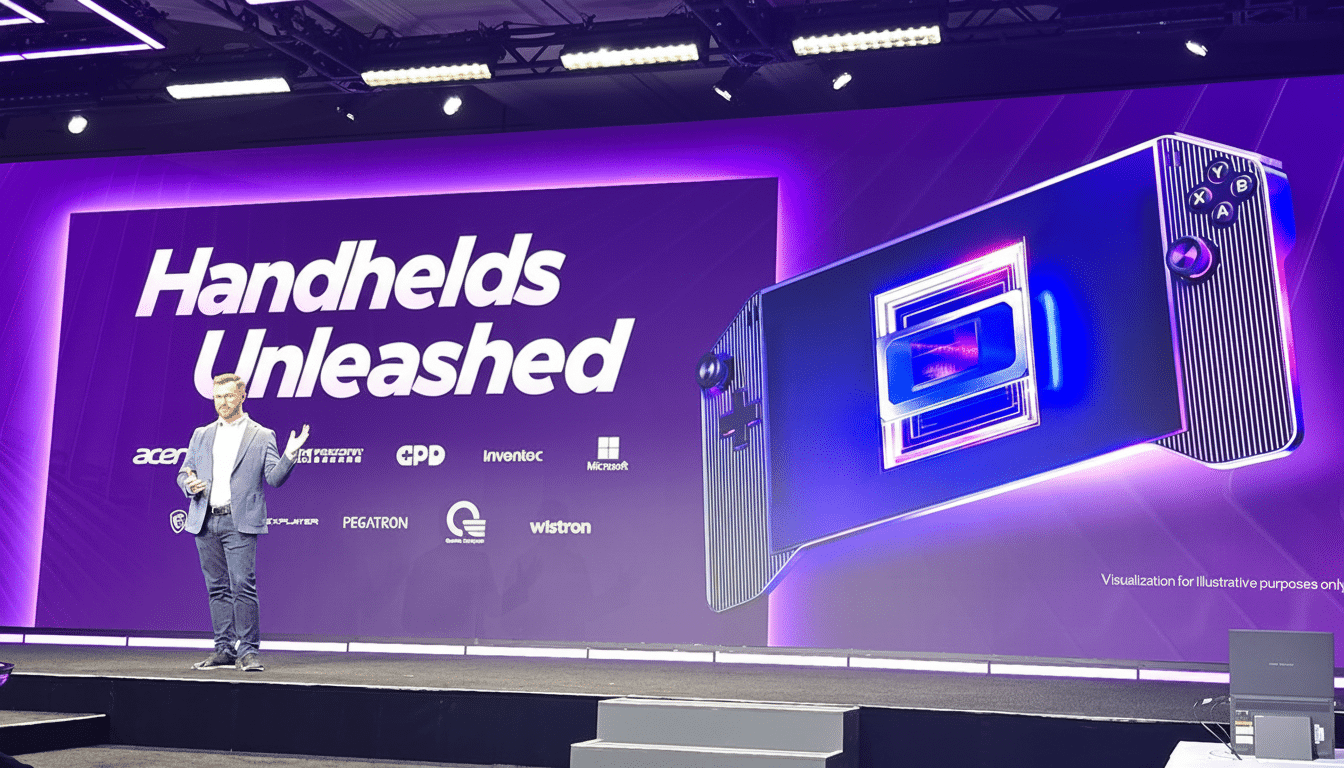 A man presenting on a stage with a large screen behind him displaying Handhelds Unleashed and an image of a handheld gaming device.