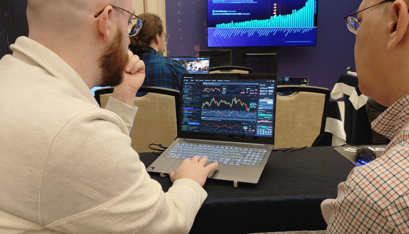 Two men looking at a laptop screen displaying financial charts and data.