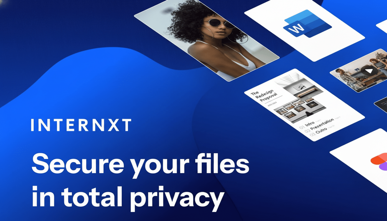 A promotional image for Internxt, featuring the text Secure your files in total privacy on a blue background. Several floating cards display various digital content, including a photo of a woman, a Microsoft Word icon, a document titled The Redesign Proposal, and other application interfaces.