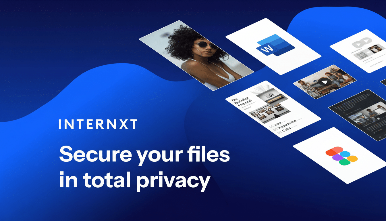 A 16:9 aspect ratio image with the text INTERNXT Secure your files in total privacy on a blue background with abstract waves. Several floating white cards display various images and app icons, including a woman with curly hair, the Microsoft Word logo, a presentation slide, and other digital content.
