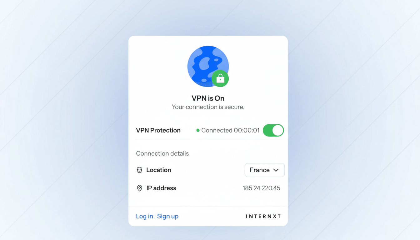 A screenshot of a VPN application interface showing VPN is On with a globe icon and a lock, indicating a secure connection. Connection details show Location: France and an IP address. The background has been updated to a professional flat design with soft patterns.