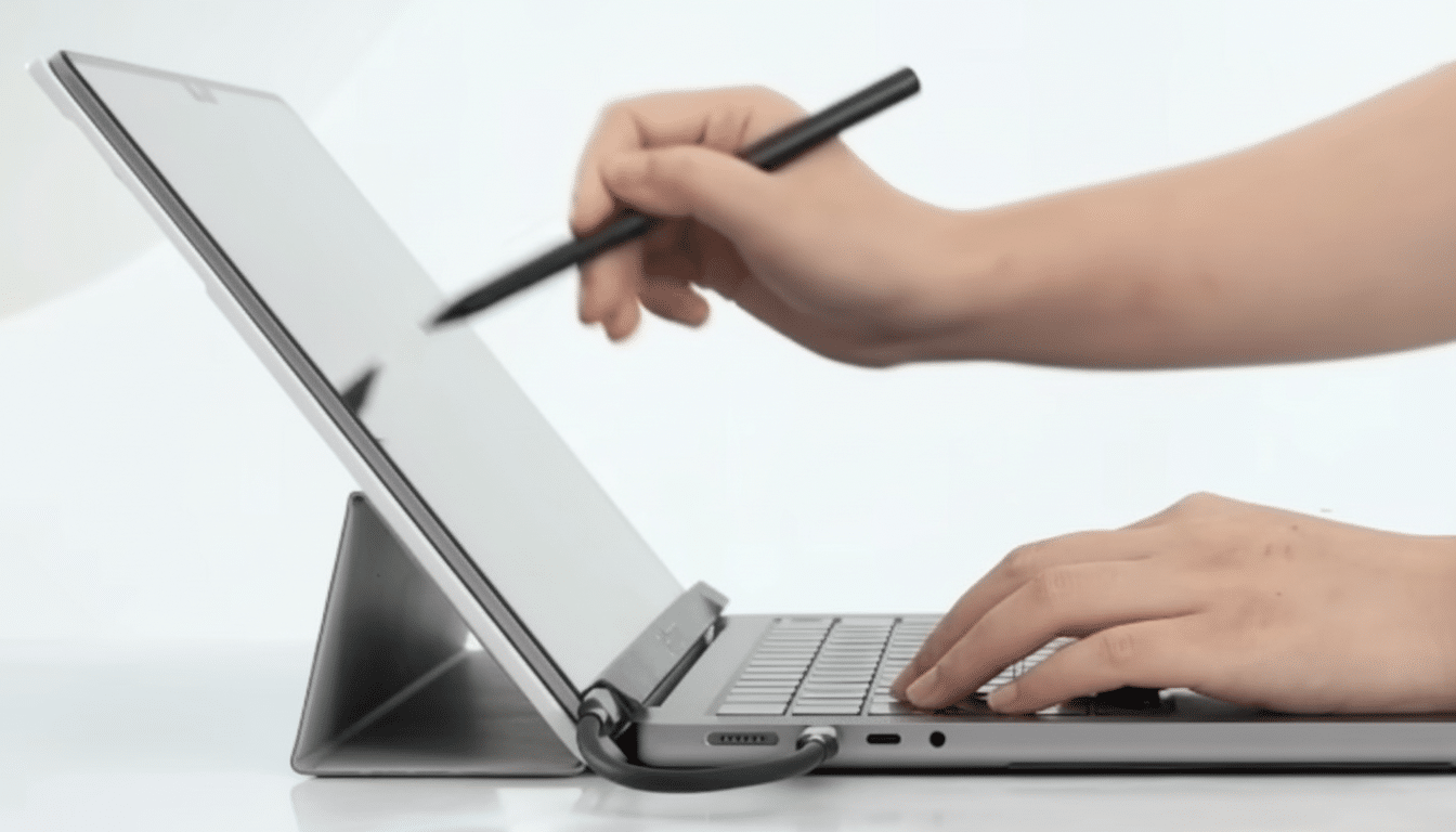 A persons hands interacting with a laptop, one hand typing on the keyboard and the other holding a stylus to the screen.