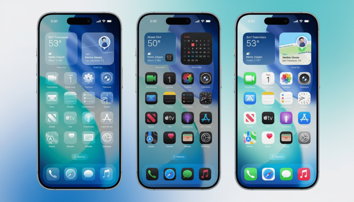 Three iPhones are displayed side-by-side, showcasing different home screen layouts and app icons. The background is a professional flat design with soft patterns and gradients.